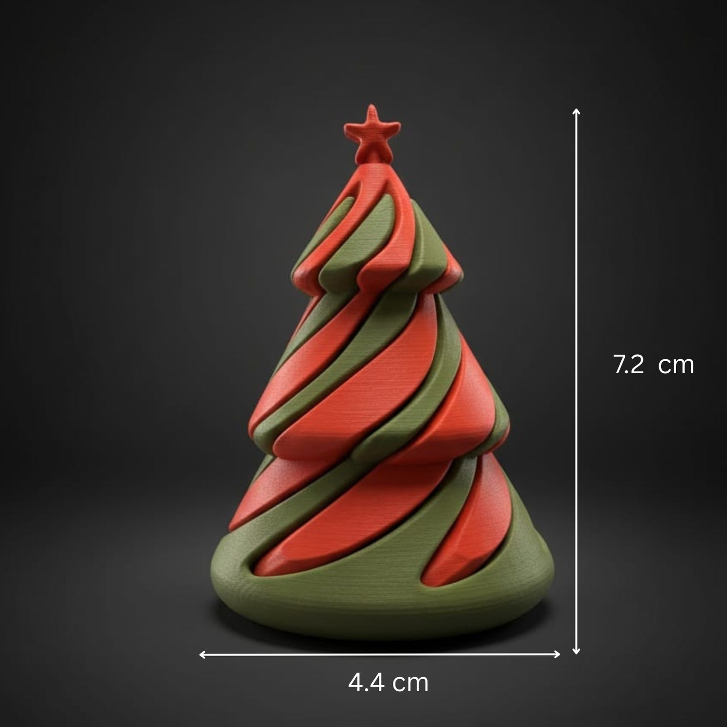 Green and red Christmas tree figurine with star on top, shown with measurements on a dark background.