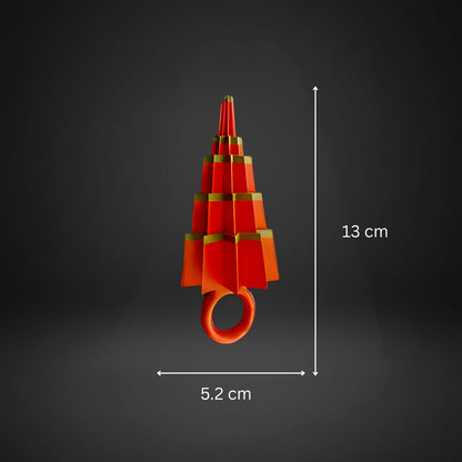 Red and gold decorative item with measurements on a dark background